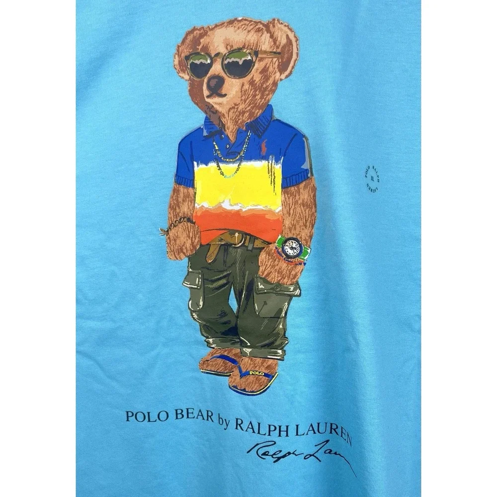 Polo Ralph Lauren Shirt Mens XL Blue Hooded Long Sleeve Polo Bear Tee New w/Tags
